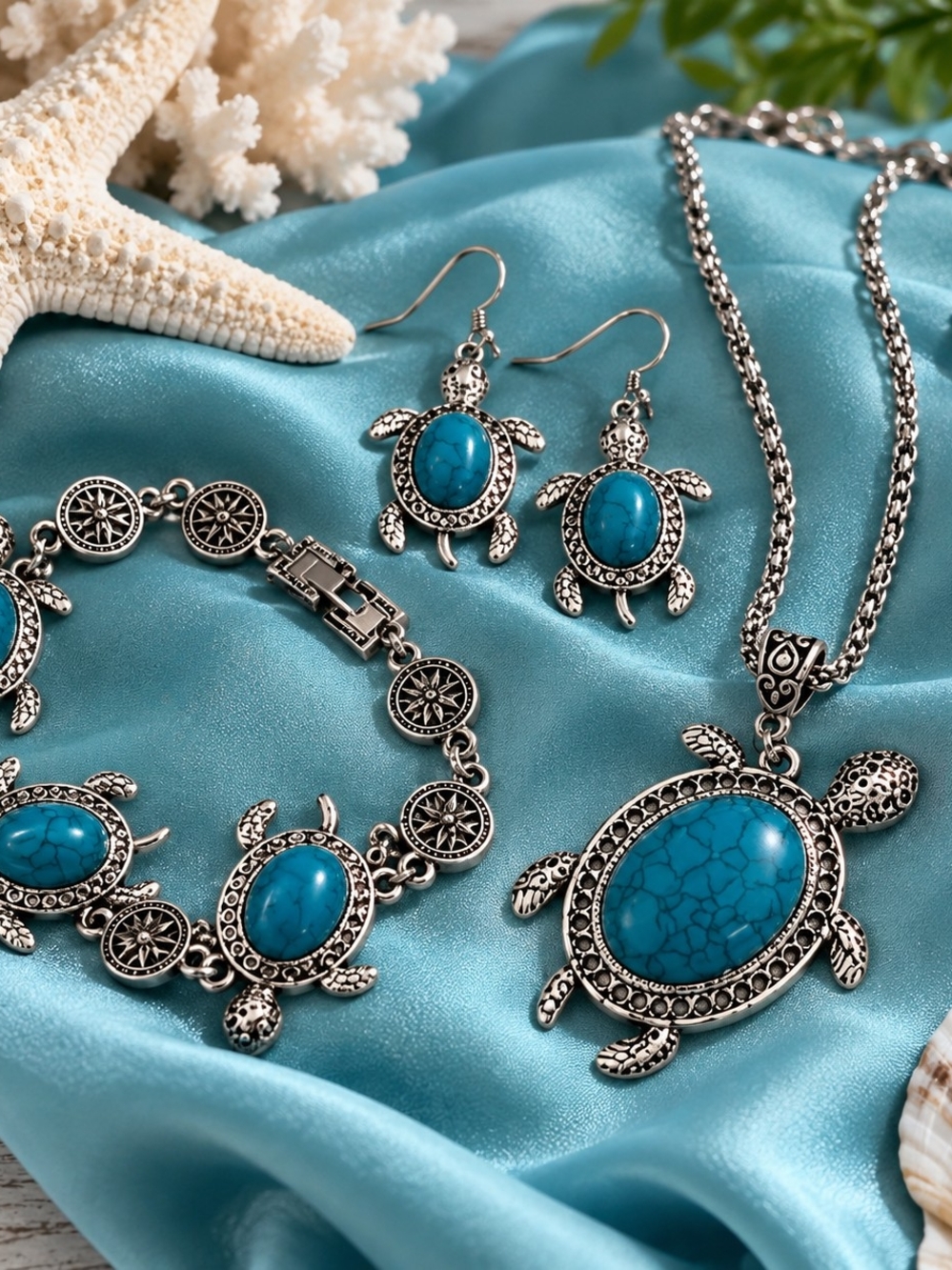 Turquoise Turtle Pendant Necklace Set — Silver-Tone Women’s Jewelry